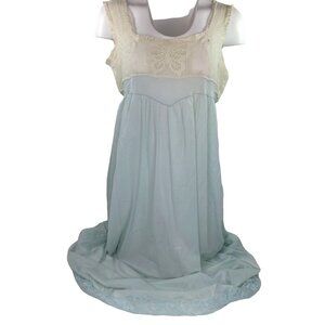 Vintage 80s Womens Lingerie Nightgown Sleeveless Blue Cream Lace Bodice Ruffle